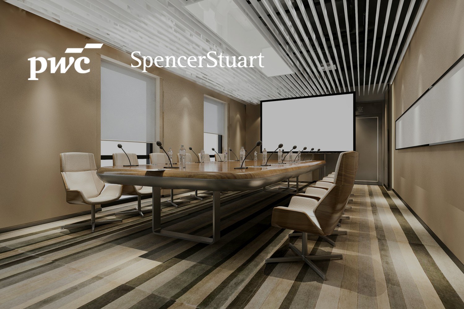 Et moderne styrerom med et langt møtebord, stoler og en stor skjerm. Med logoene til PwC og Spencer Stuart lagt på.