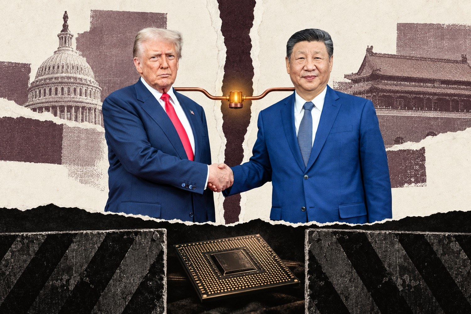 Collage: Donald Trump og Xi Jinping håndhilser foran en revet papirsprekk, forbundet av en kobberledning med varsellampe, mens en databrikke ligger avsondret bak svarte sperringer.
