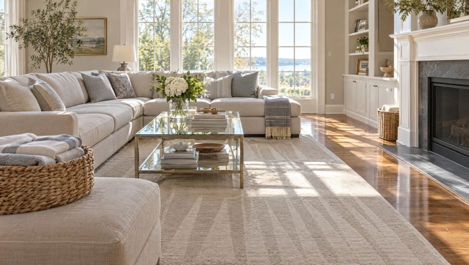 A sunlit upscale Cincinnati-area family room on a weekday morning: a neatly made sectional with folded throw, a clean glass coffee table, freshly vacuumed rug with visible lines, light streaming through tall windows onto hardwood floors, a woven basket of folded towels on an ottoman