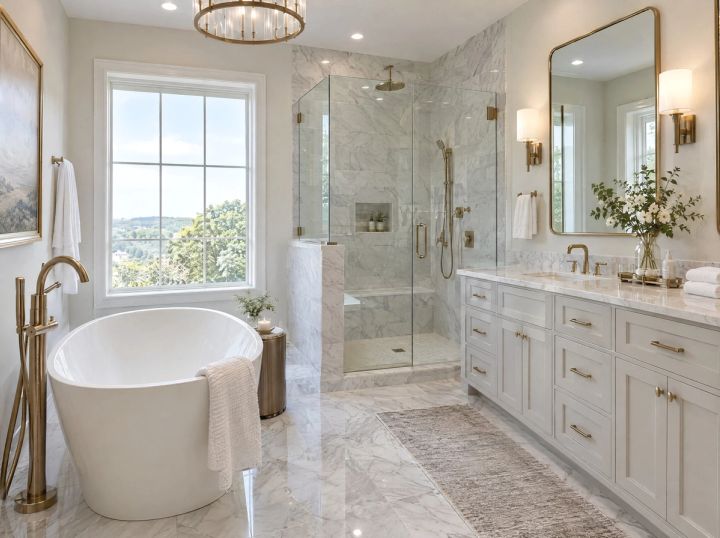 A spotless marble bathroom with brass fixtures