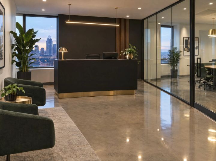 A clean office reception with a glass partition