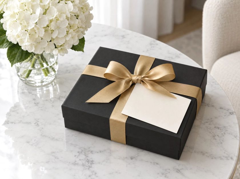 A black gift box tied with a gold ribbon beside white hydrangeas