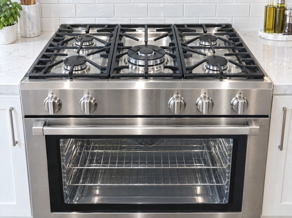 After: a gas range with clean grates and clear oven glass