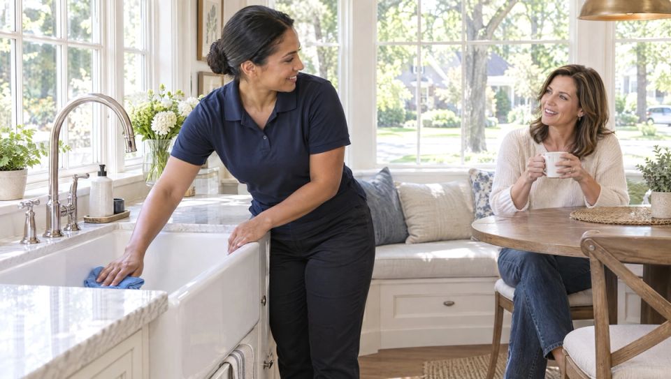 A cleaner in a plain navy polo wiping down a white farmhouse kitchen sink in a bright, upscale home in Loveland, Ohio, while the homeowner, a woman in her forties, chats with her from the breakfast nook holding a coffee mug; morning light through tall windows, a tree-lined suburban street visible outside.