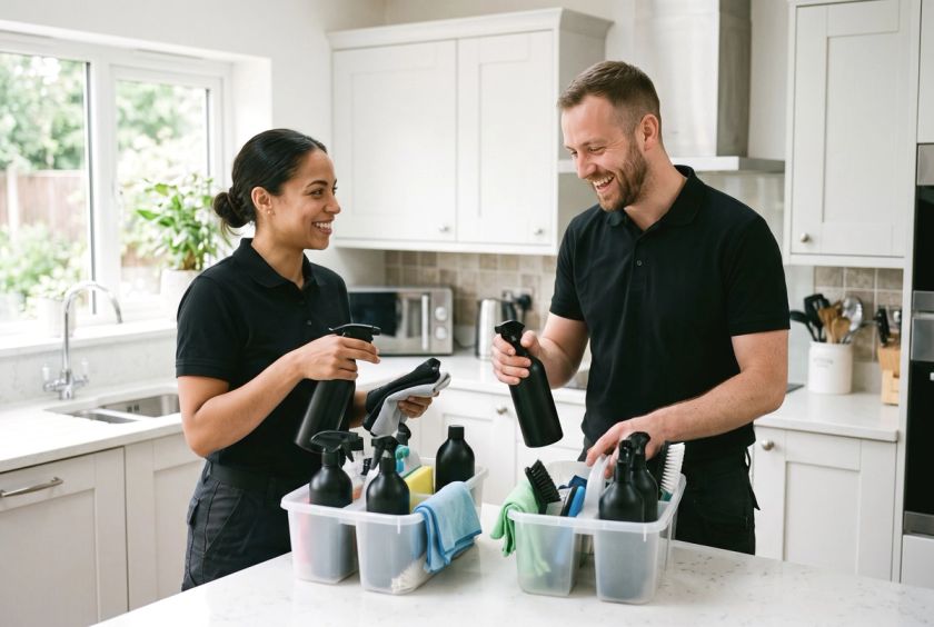 Two cleaners smiling as they unpack supply caddies in a bright kitchen