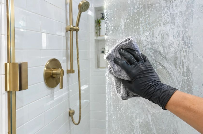 A gloved hand scrubbing a glass shower door, half clean and half covered in soap scum