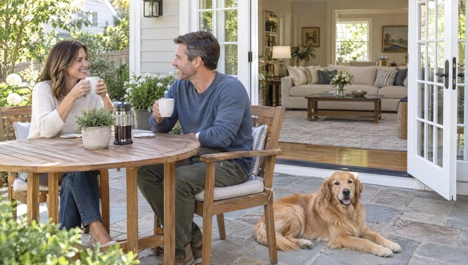 Saturday morning on the back patio of a bright suburban Cincinnati home, a couple in casual clothes sharing coffee at a teak table, a golden retriever lying on the stone pavers, and through the open French doors a spotless living room with a vacuumed rug and plumped sofa cushions.
