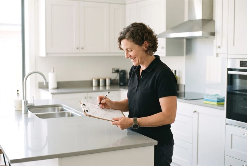 A cleaner smiling as she ticks off a checklist in a spotless kitchen