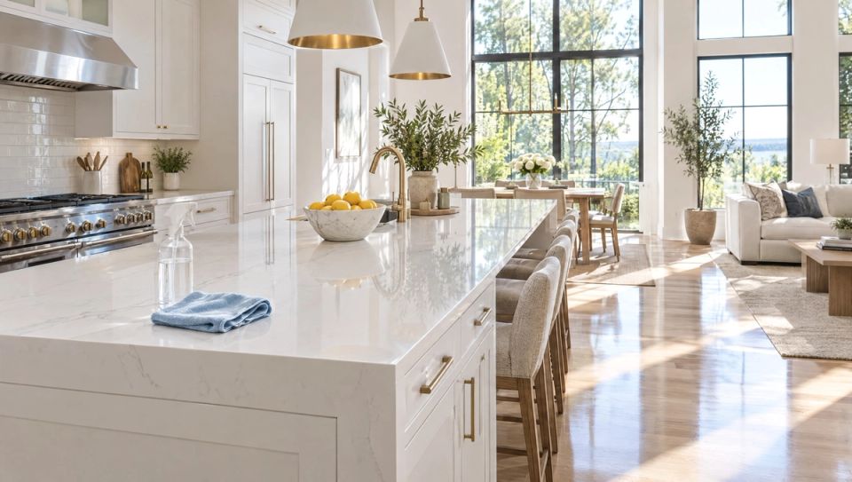 A bright, freshly cleaned open-plan kitchen in an upscale Cincinnati-area home, white quartz island with a bowl of lemons, polished stainless range, light oak floors gleaming in late-morning sun through tall windows, a folded microfiber cloth and spray bottle resting on the counter edge