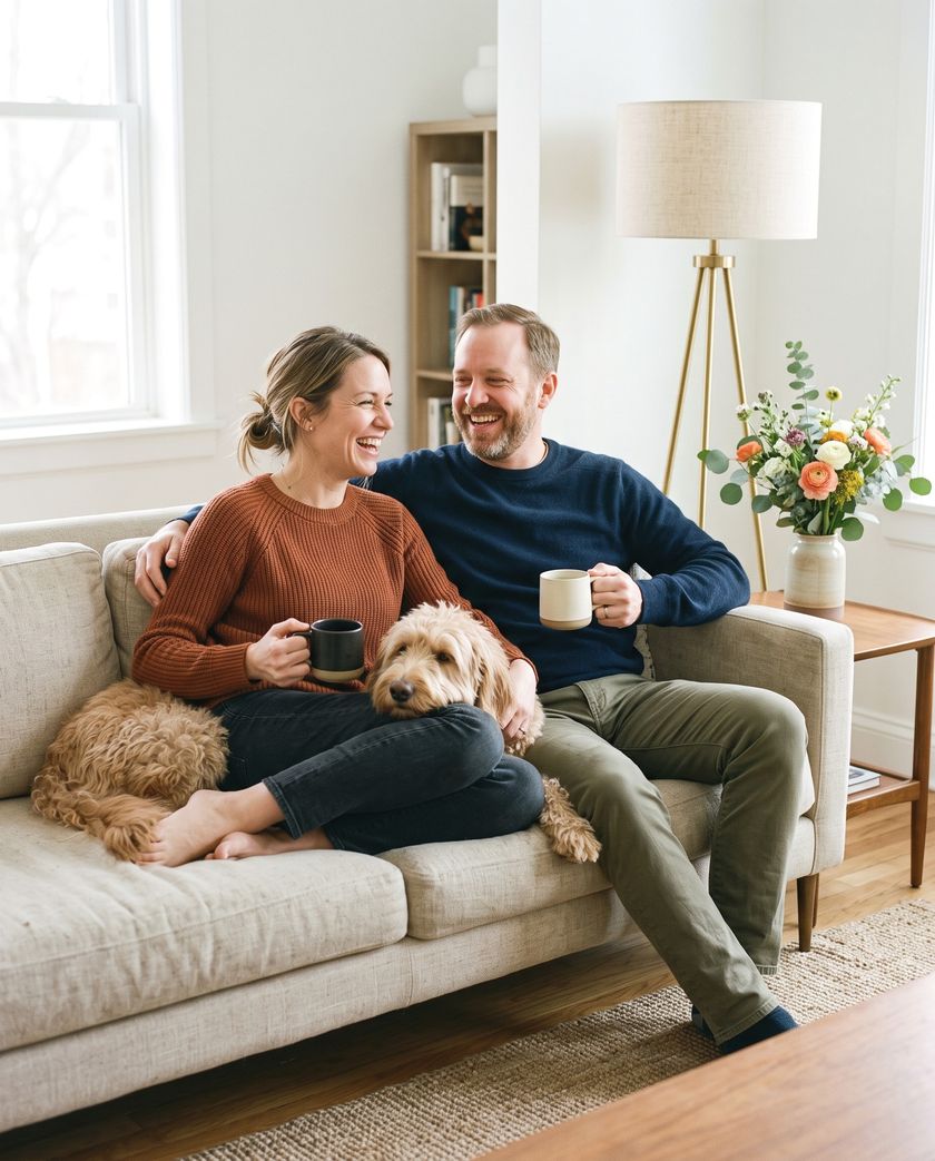 A couple laughing on a linen sofa with their goldendoodle resting its head on a lap