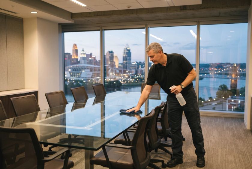 A cleaner wiping a glass conference table in an office overlooking Cincinnati at dusk