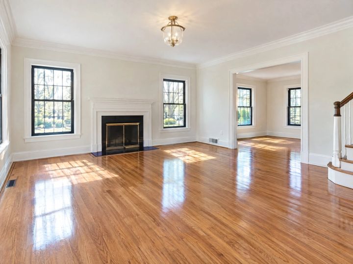 An empty living room with polished hardwood floors