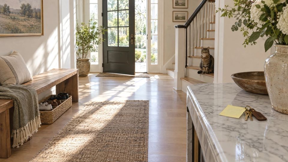 Sunlit front entry of an upscale Cincinnati-area home with white oak floors, a wooden bench with a neat basket of shoes beneath it, a handwritten sticky note on a marble console table beside a set of house keys, and a calm cat watching from the bottom of the staircase.