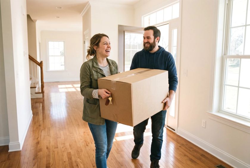 A couple laughing as they carry a moving box into a clean, empty home