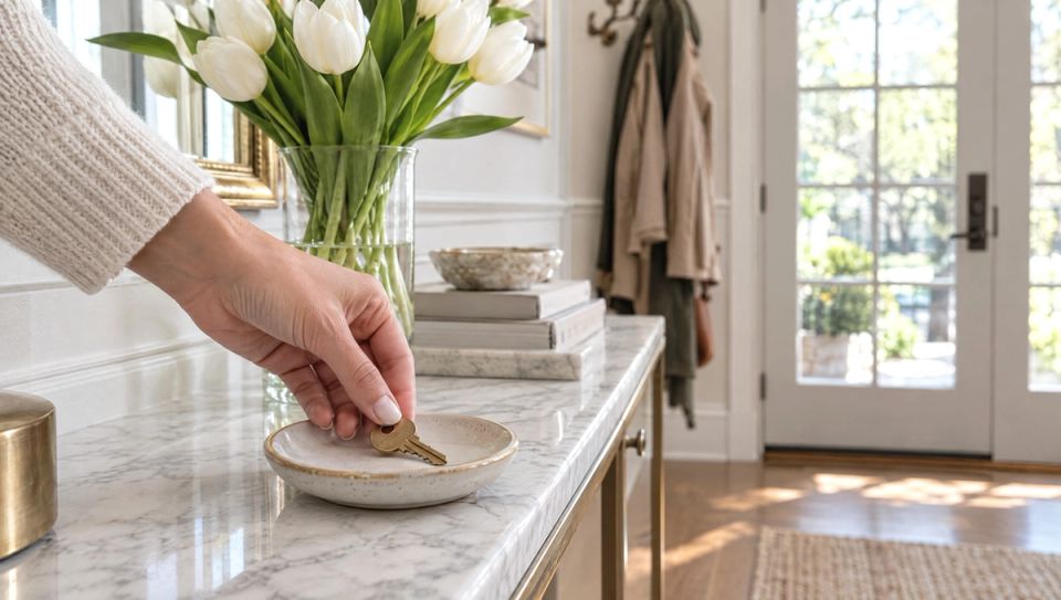 Close-up of a homeowner's hand placing a single brass house key on a small ceramic dish on a clean marble entry console in a bright, upscale Cincinnati-area foyer, soft morning light from a glass-paneled front door, a vase of white tulips and a neatly hung coat in the background