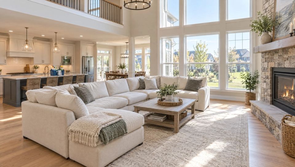 Bright two-story family room in a newer West Chester, Ohio home, with light oak hardwood floors, a cream sectional with folded throw blankets, a freshly vacuumed rug, a stone fireplace and tall windows letting in late-morning sun, a cleaning caddy resting on the kitchen island in the background.