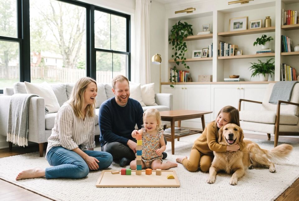 A family laughing on the living-room rug while their toddler stacks blocks and the golden retriever looks on