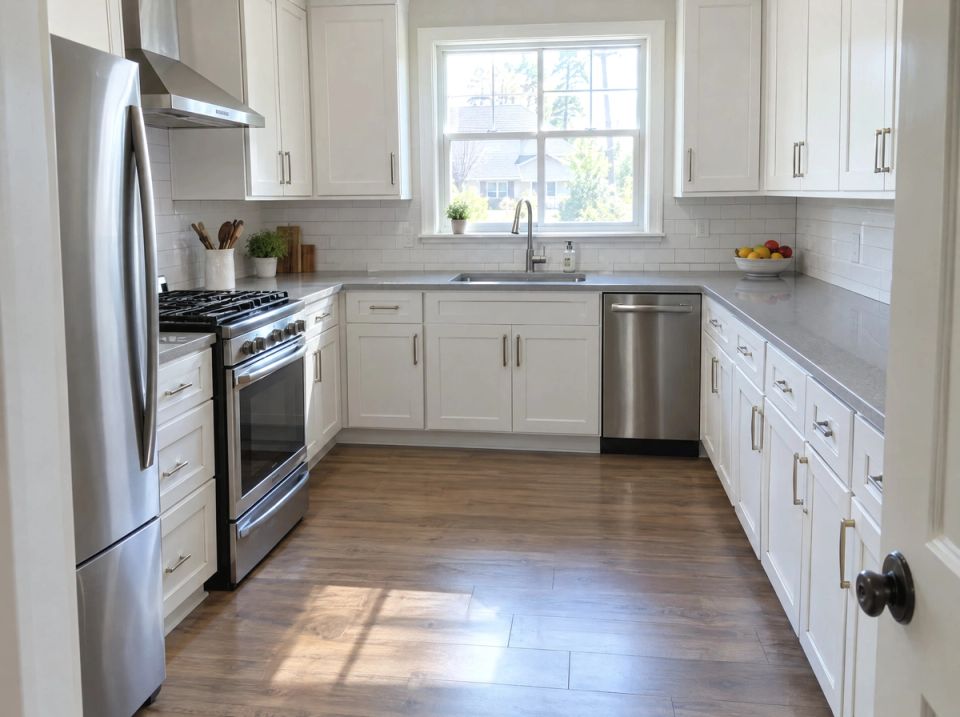 After: a white kitchen with clear, wiped counters and a clean floor
