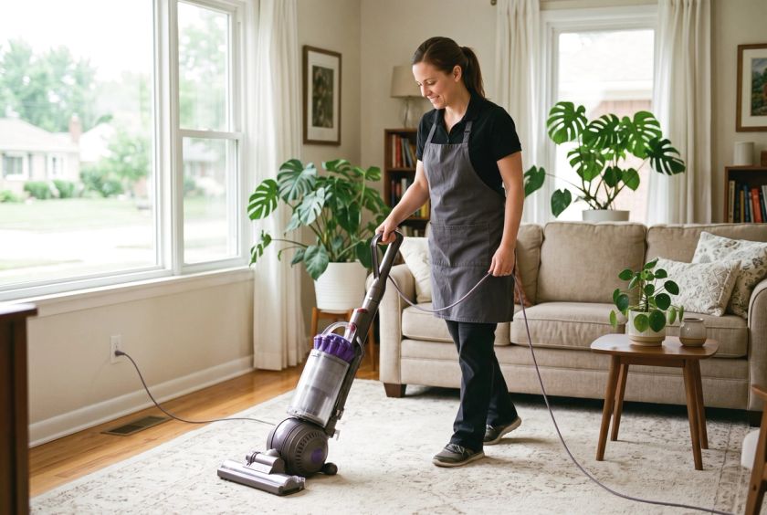 A cleaner vacuuming a rug in a bright, tidy living room