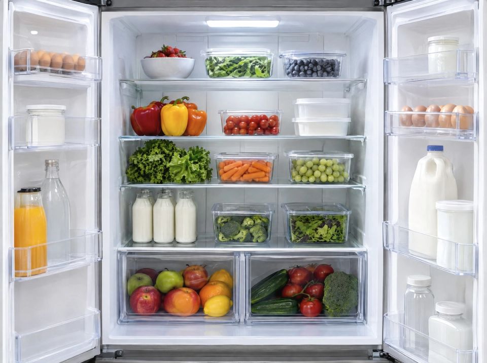 After: the inside of a refrigerator with clean shelves and drawers
