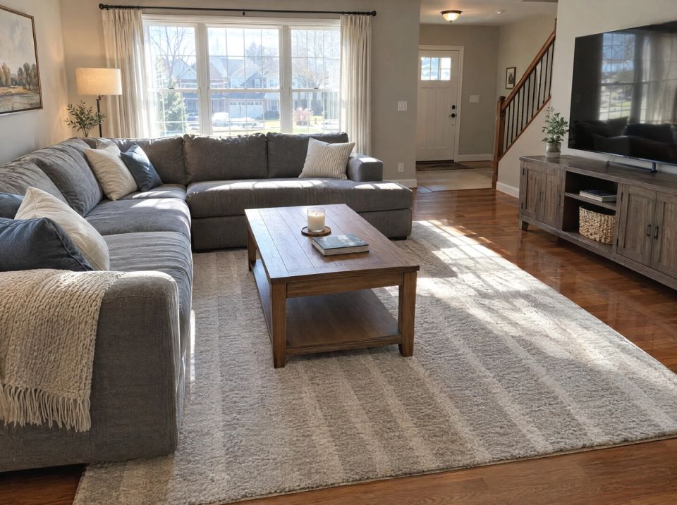 After: a tidy living room with a cleared coffee table and vacuumed rug