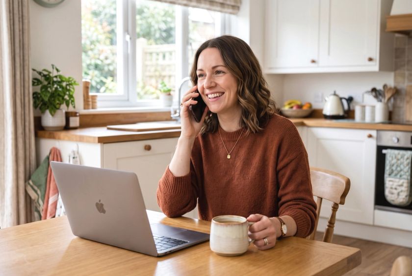 A woman smiling on the phone at her kitchen table with a coffee and laptop