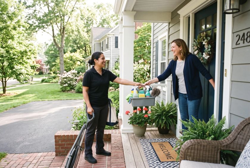 A homeowner greeting a smiling cleaner with a supply caddy at her front door