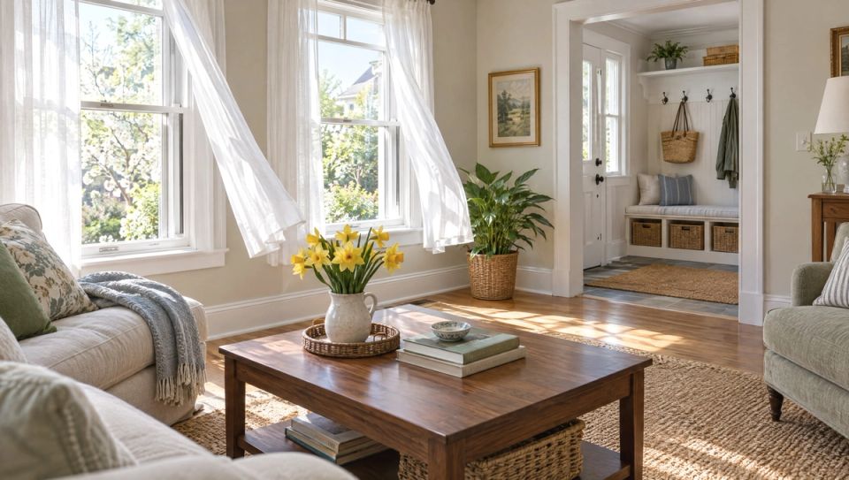 Bright spring morning in a Cincinnati-area living room with the double-hung windows thrown open, sheer curtains moving in the breeze, freshly wiped white baseboards and window sills, a vase of daffodils on a walnut coffee table, and a tidy mudroom bench with a clean doormat visible through a doorway.