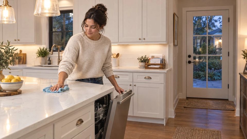 Evening in a bright, tidy Cincinnati-area kitchen with white shaker cabinets and quartz counters, a woman in a sweater wiping the clear counter with a microfiber cloth while the dishwasher door is closing, a small bowl of lemons and a neatly stacked mail tray by the back door, warm pendant lights overhead.