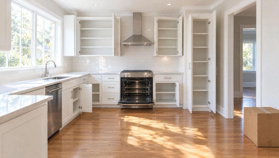 An empty, freshly cleaned kitchen in a bright Cincinnati-area home on move-in day: white shaker cabinets with doors open showing spotless shelves, an open oven with a clean interior, gleaming quartz counters, hardwood floors, morning sun through a large window, and a single moving box on the floor by the doorway.