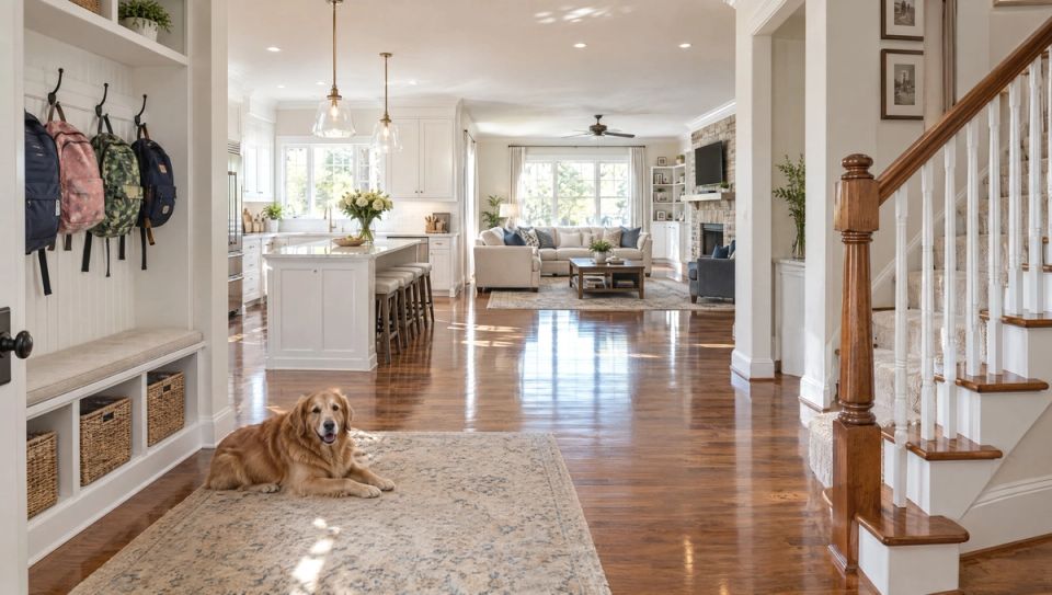 A spacious, freshly cleaned two-story family home interior in Mason, Ohio on a sunny afternoon: a gleaming white kitchen opening onto a family room, kids' backpacks hung neatly on mudroom hooks, a golden retriever resting on a clean rug, sparkling hardwood floors and a staircase with a polished wood banister