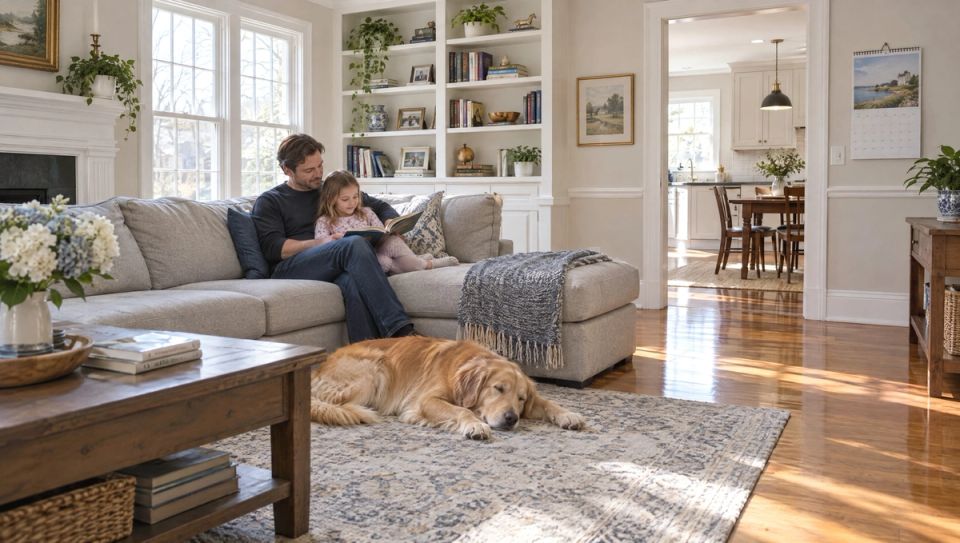 A bright, freshly cleaned family room in a Cincinnati-area colonial home on a weekend morning: a golden retriever asleep on a clean rug, a father and young daughter reading on a light grey sectional, a wall calendar by the kitchen doorway, sunlight on polished hardwood floors and dust-free shelves.