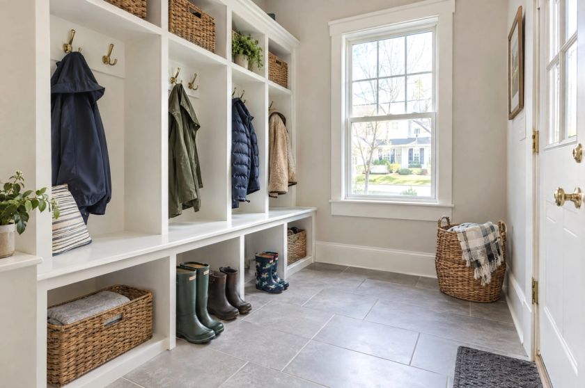 A tidy mudroom with coats on brass hooks and boots lined up under a white bench