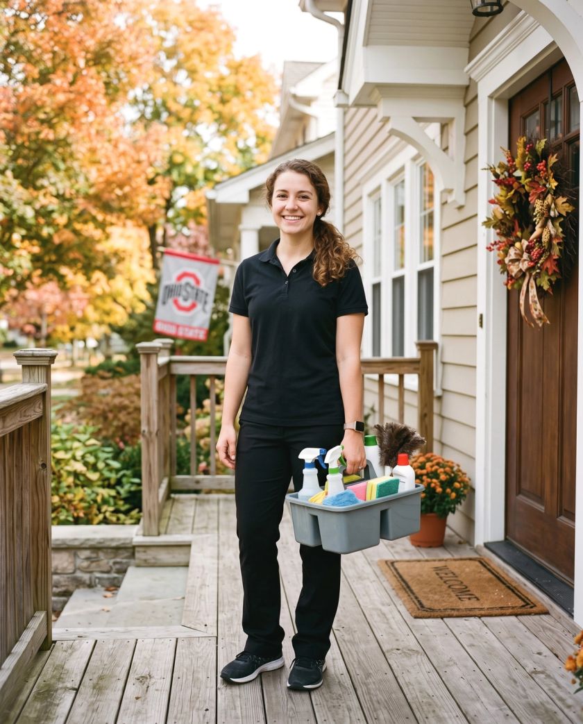 A smiling cleaner holding a supply caddy on the front porch of a suburban home
