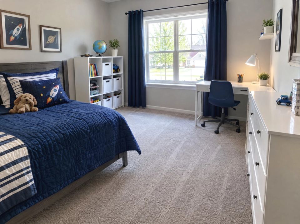 After: a child's bedroom with a made bed and vacuumed carpet