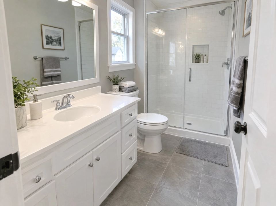 After: a family bathroom with a clean mirror, sink and shower glass