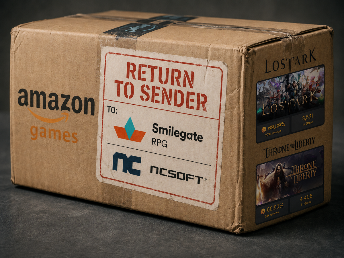 Amazon Games return-to-sender parcel addressed to Smilegate RPG and NCSoft, with Lost Ark and Throne and Liberty Steam player stats on the side.