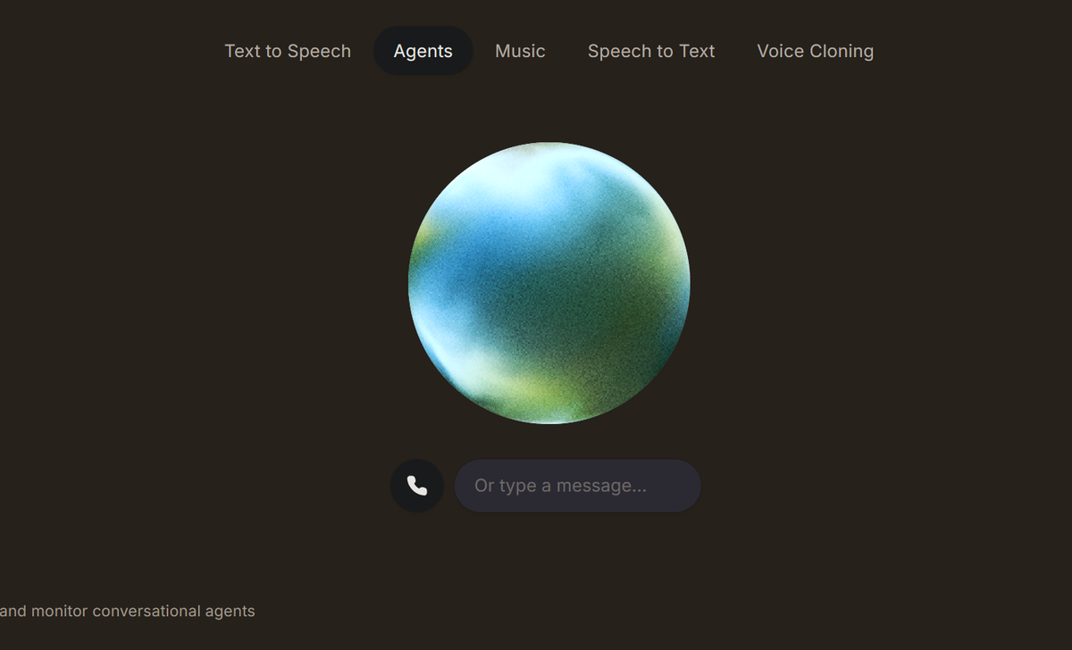 ElevenLabs' landing page, showing off their options including voice agent and cloning.
