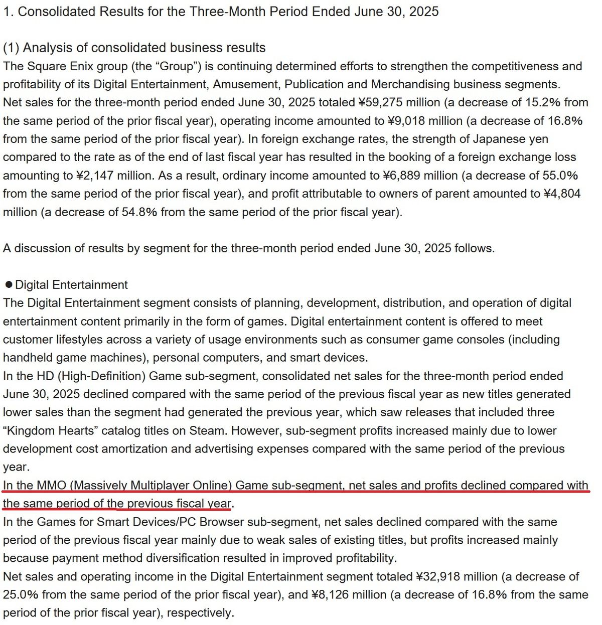 Square Enix financial report from August 2025 showing the decline in the Final Fantasy XIV MMO sub-segment after the Dawntrail expansion.