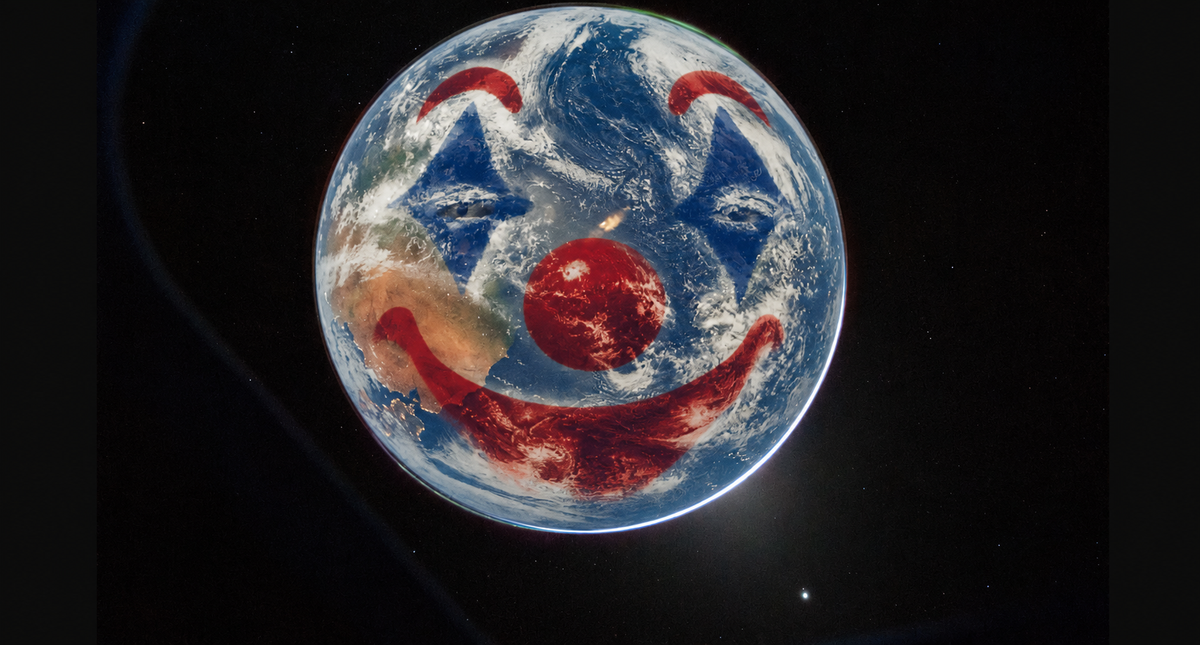 Photorealistic Earth in space edited with clown makeup, including a red nose, blue eye markings and exaggerated red smile, mocking the AI apocalypse hype cycle.