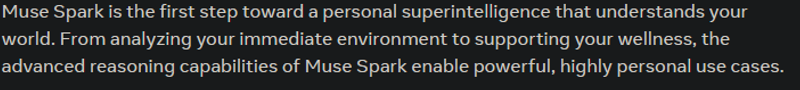 Screenshot of Meta's Muse Spark announcement blog post claiming the AI model is a personal superintelligence with advanced reasoning capabilities for wellness and immediate environment analysis.