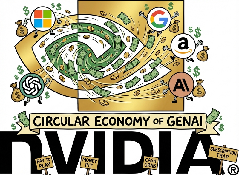 A satirical cartoon illustration titled 'Circular Economy of GenAI'. It depicts caricatures of Microsoft, Google, Amazon, OpenAI, and Anthropic running in a circle, throwing bags of money and cash into a swirling green Nvidia logo vortex. Signs at the bottom read 'Pay to Play', 'Money Pit', and 'Subscription Trap'.