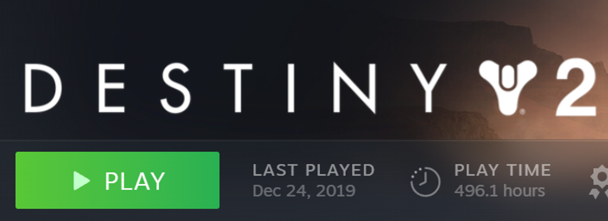 Steam library screenshot showing Destiny 2 with 496 hours of playtime, abandoned and last played in December 2019.