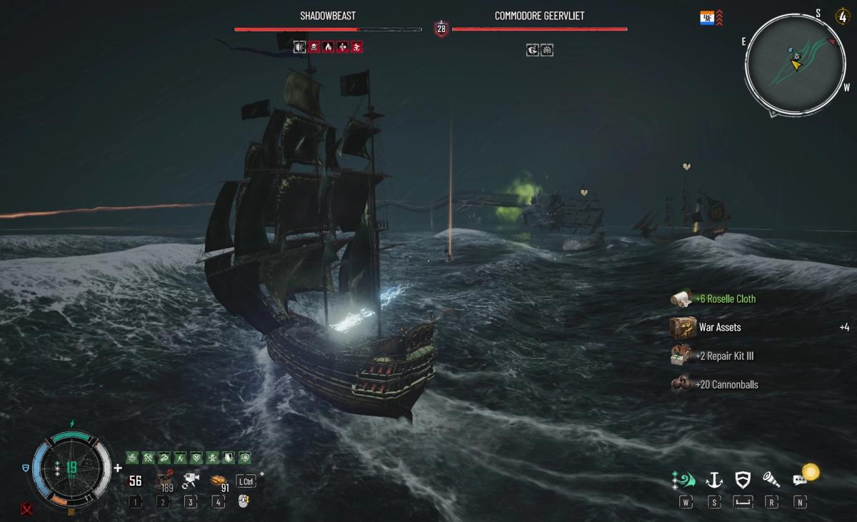A PC gameplay screenshot of Skull and Bones showing a customised player ship fighting the boss Commodore Geervliet in stormy seas, highlighting the cluttered combat UI and loot popup notifications.