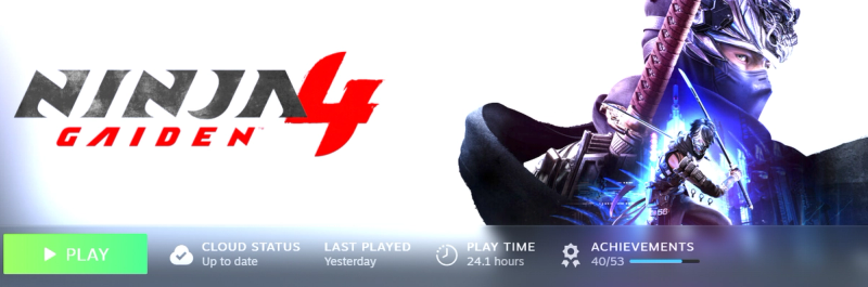 Ninja Gaiden 4 Steam library screenshot showing 24 hours of playtime, game achievements, and the new protagonist Yakumo alongside Ryu Hayabusa.