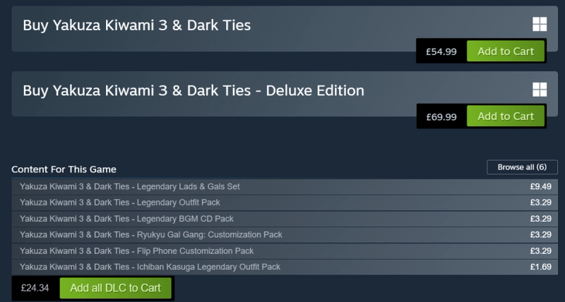 A screenshot of Steam store, showing the Yakuza 3 remake costing £55 on top of day 1 DLCs that locks fan favourite characters behind a 9.49£ paywall.