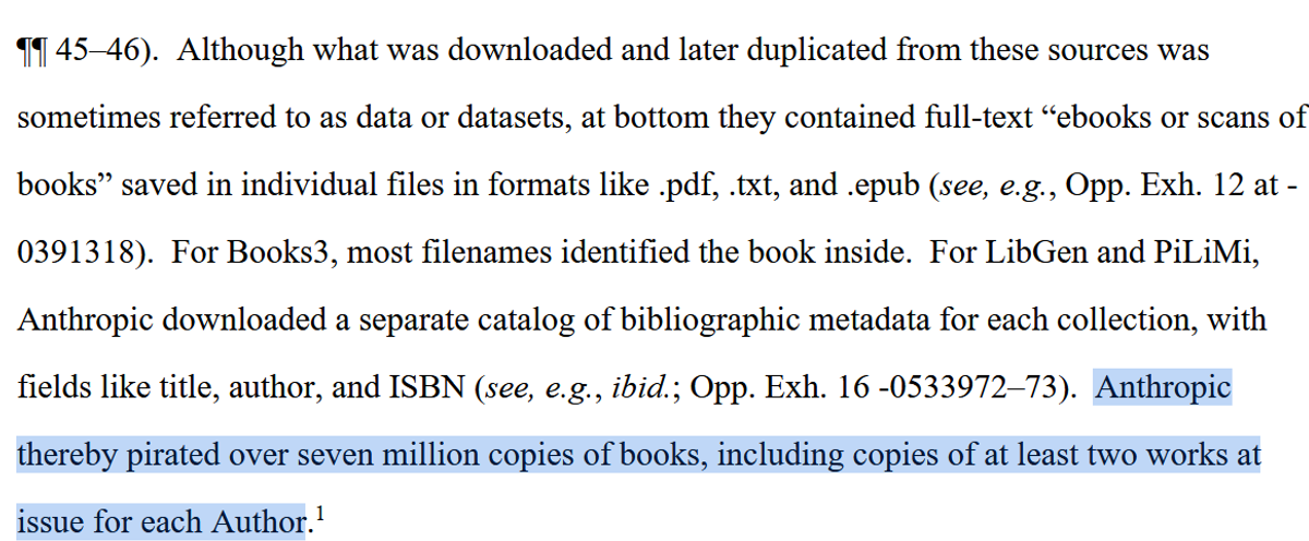 Court ruling excerpt stating that Anthropic “pirated over seven million copies of books” from datasets including Books3, LibGen and PiLiMi.