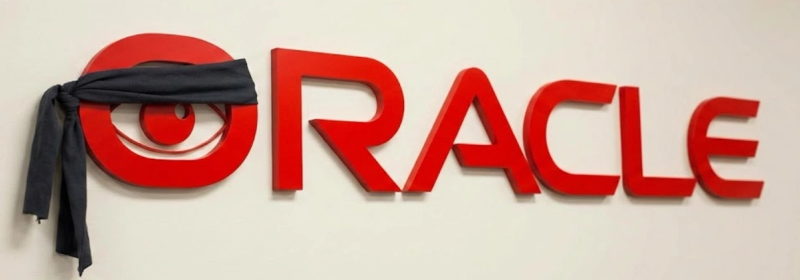 A satirical edit of the Oracle logo where the 'O' is an eye covered by a black blindfold, illustrating the company's lack of foresight regarding GenAI risks and recent stock performance.