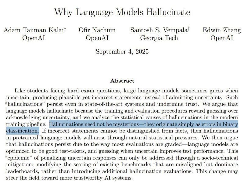 Title page of OpenAI paper ‘Why Language Models Hallucinate’ with highlighted line: ‘Hallucinations need not be mysterious’.