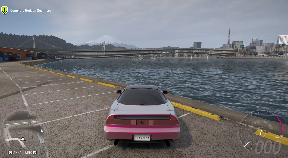 Forza Horizon 6 gameplay screenshot showing a Honda NSX parked in Tokyo with Mount Fuji, Rainbow Bridge, and Tokyo Tower in the background.